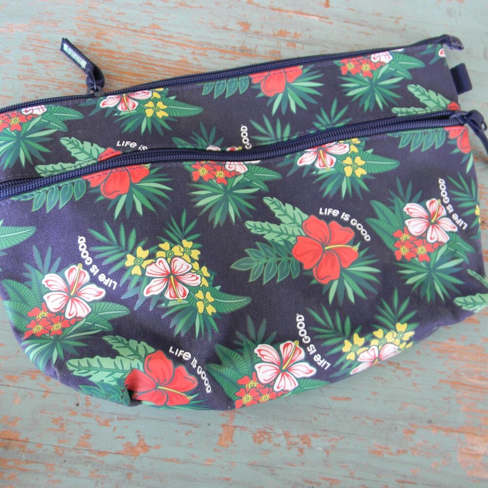 LIFE IS GOOD TROPICAL HAWAIIAN NAVY BLUE FLORAL PRINT LARGE ZIP POUCH TRAVEL